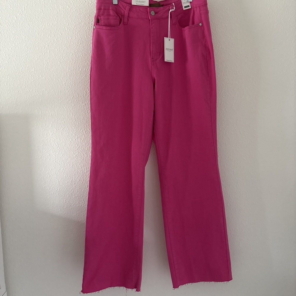 Judy Blue Jeans Women's Size 16W High Rise Wide-Leg Pink Raw Hem NEW